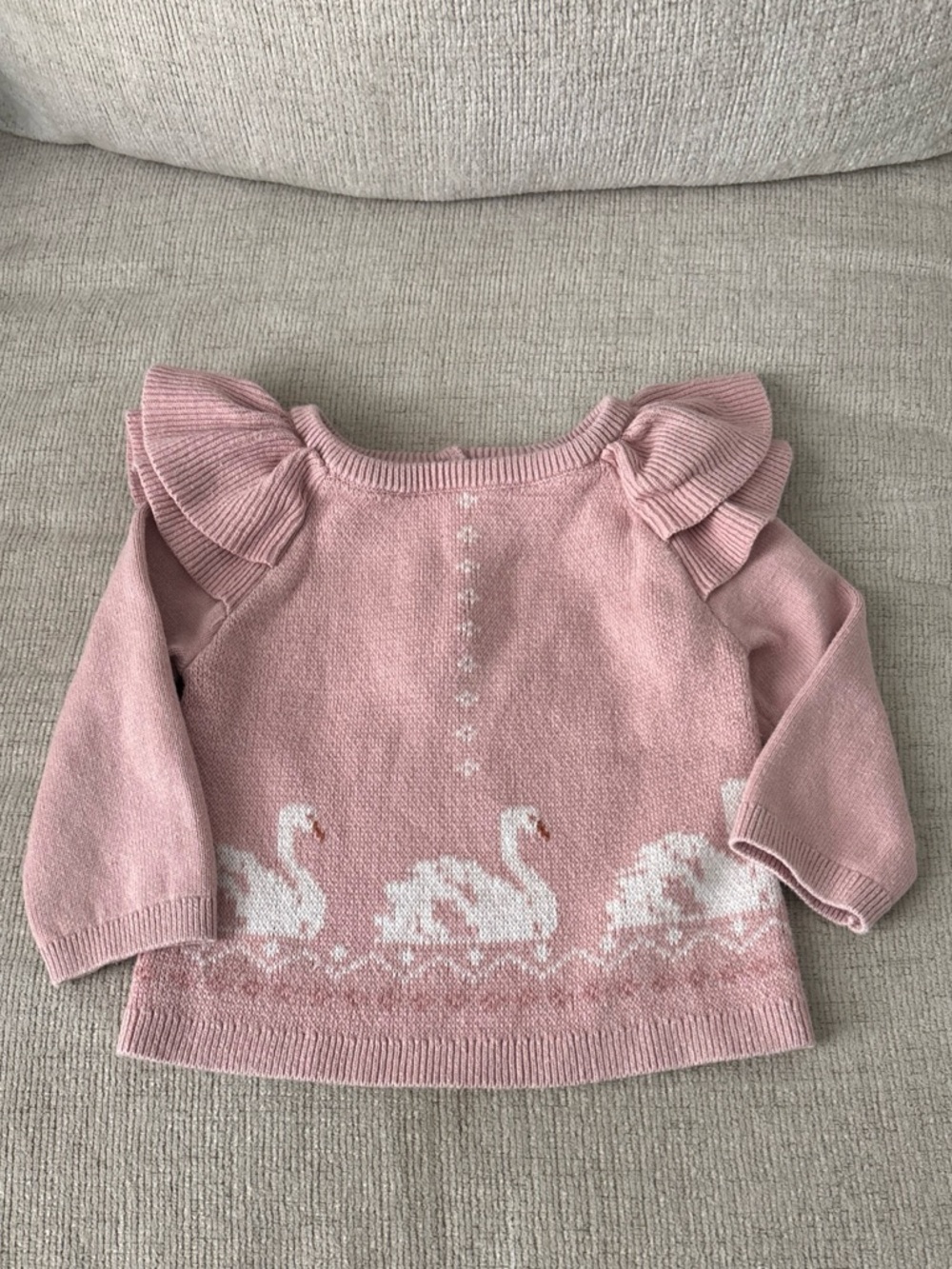 Janie and Jack Pink Knit Sweater with Swan Motif and Ruffle Shoulders